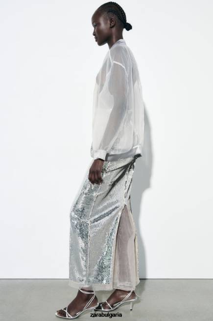 Zara облекло 66FT125 Жени органза бомбър със сатенен ефект средно екрю