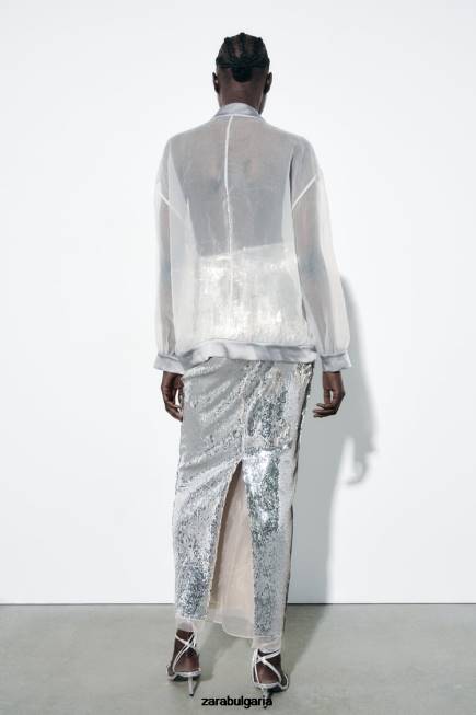 Zara облекло 66FT125 Жени органза бомбър със сатенен ефект средно екрю