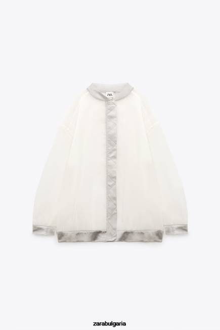 Zara облекло 66FT125 Жени органза бомбър със сатенен ефект средно екрю