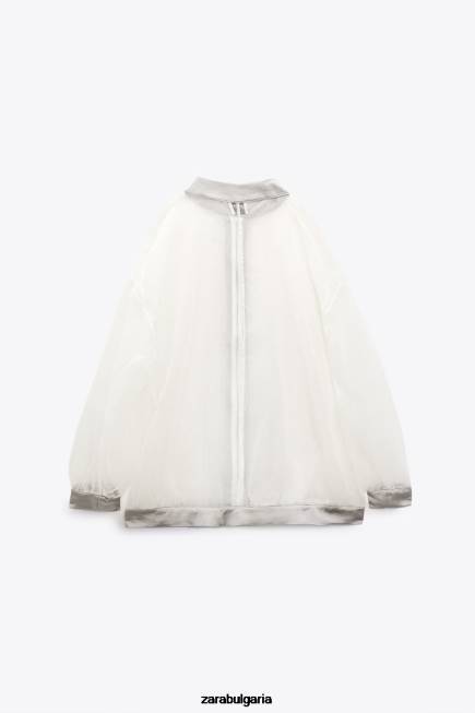 Zara облекло 66FT125 Жени органза бомбър със сатенен ефект средно екрю