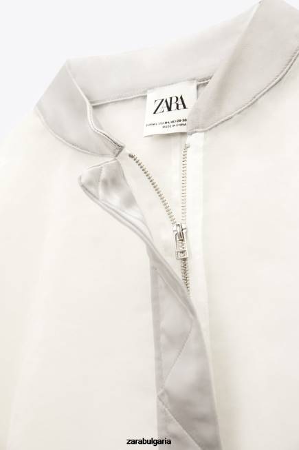 Zara облекло 66FT125 Жени органза бомбър със сатенен ефект средно екрю