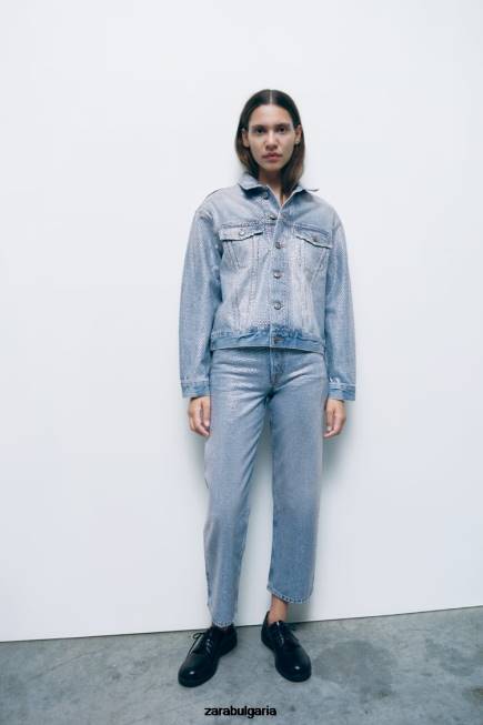 Zara облекло 66FT126 Жени zw дънково яке с кристали избеляло синьо