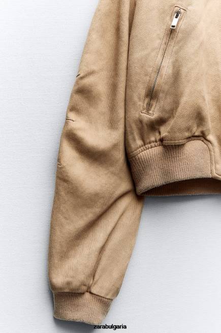 Zara облекло 66FT12 Жени бомбър яке с изпран ефект тъмнокафяво