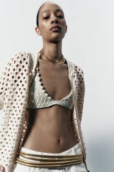 Zara облекло 66FT133 Жени отворено плетено бомбър яке екрю