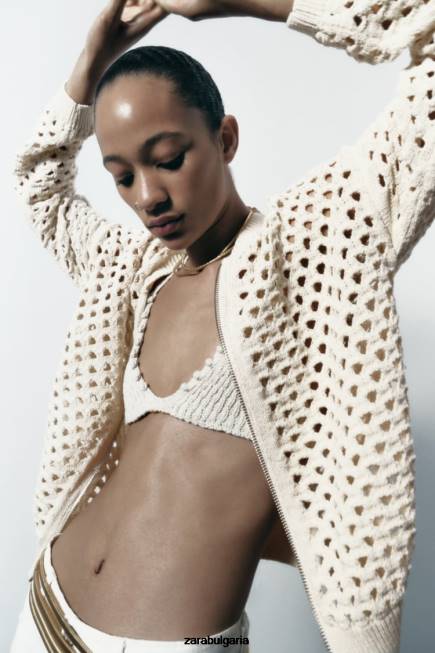 Zara облекло 66FT133 Жени отворено плетено бомбър яке екрю