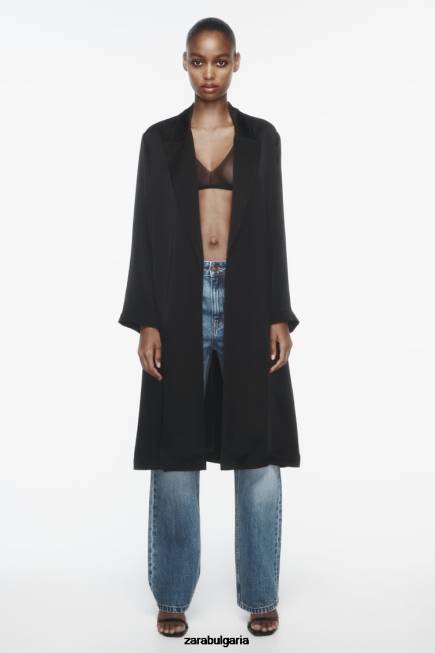 Zara облекло 66FT135 Жени тренчкот със сатенен ефект черен
