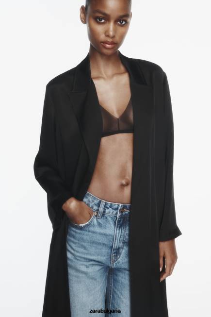 Zara облекло 66FT135 Жени тренчкот със сатенен ефект черен