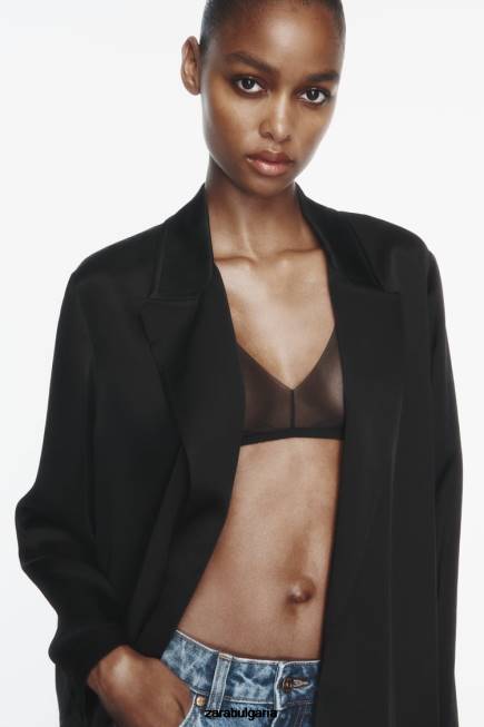 Zara облекло 66FT135 Жени тренчкот със сатенен ефект черен