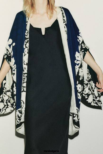Zara облекло 66FT136 Жени двустранно щамповано кимоно синьо черно