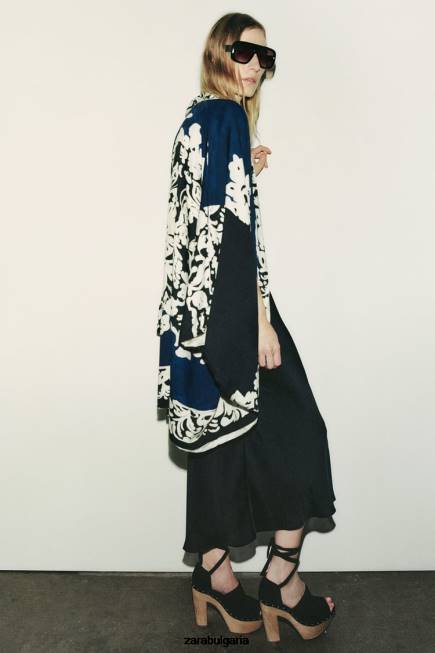 Zara облекло 66FT136 Жени двустранно щамповано кимоно синьо черно