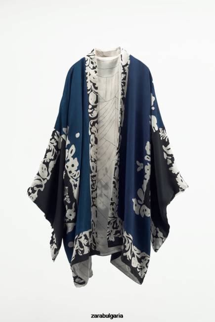 Zara облекло 66FT136 Жени двустранно щамповано кимоно синьо черно
