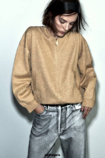 Zara облекло 66FT14 Жени плетена бомбър жилетка с метална нишка златист