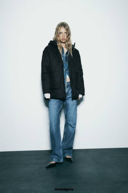 Zara облекло 66FT2 Жени ватирано водоотблъскващо яке с парагади черен