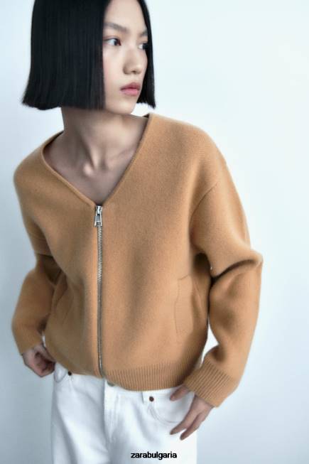 Zara облекло 66FT27 Жени вълнен бомбър с цип тъмнокафяво