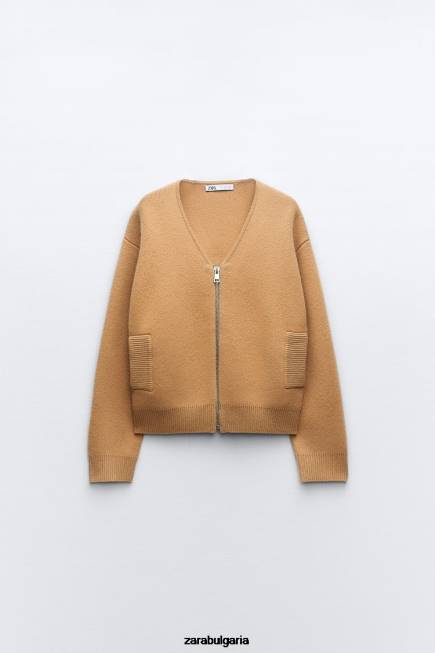 Zara облекло 66FT27 Жени вълнен бомбър с цип тъмнокафяво