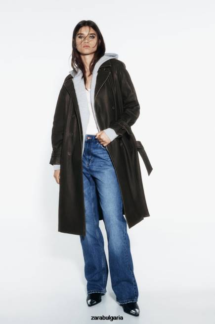 Zara облекло 66FT42 Жени изтъркан тренчкот от изкуствена кожа черен