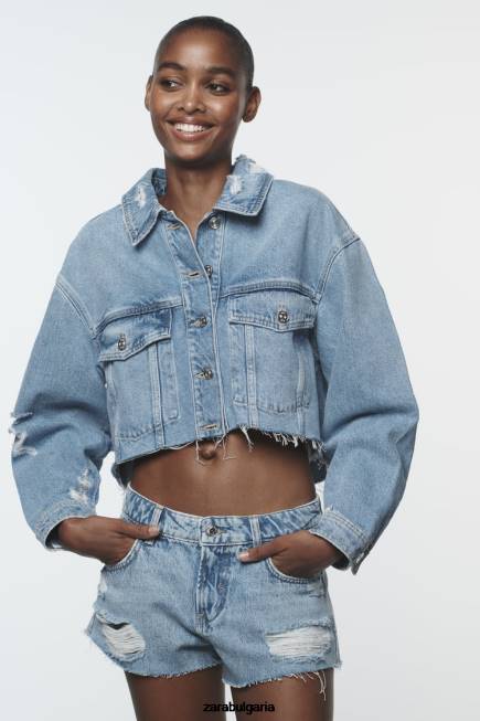 Zara облекло 66FT56 Жени изрязано скъсано дънково яке z1975 средно синьо