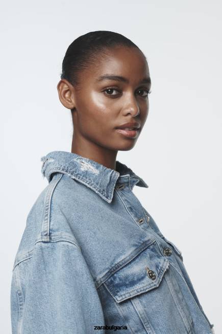 Zara облекло 66FT56 Жени изрязано скъсано дънково яке z1975 средно синьо