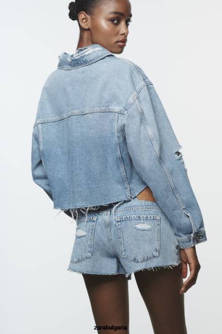 Zara облекло 66FT56 Жени изрязано скъсано дънково яке z1975 средно синьо