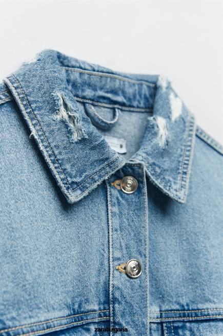 Zara облекло 66FT56 Жени изрязано скъсано дънково яке z1975 средно синьо