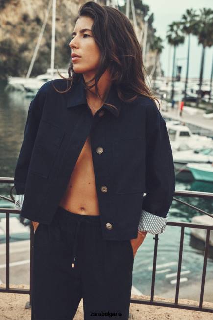 Zara облекло 66FT58 Жени късо яке от ленена смес тъмносин