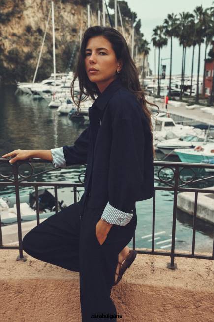 Zara облекло 66FT58 Жени късо яке от ленена смес тъмносин