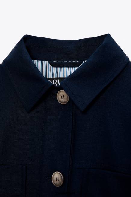 Zara облекло 66FT58 Жени късо яке от ленена смес тъмносин