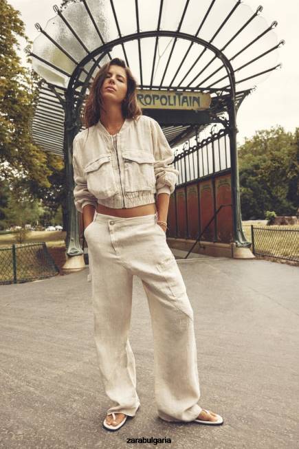 Zara облекло 66FT66 Жени ленен джобен бомбър пясък
