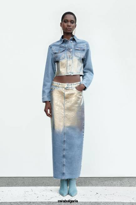 Zara облекло 66FT71 Жени z1975 изрязано дънково яке в метален цвят средно синьо