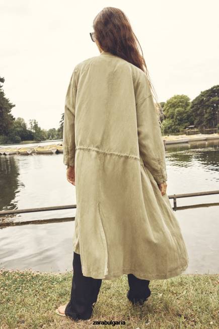 Zara облекло 66FT77 Жени дълго ленено палто каки