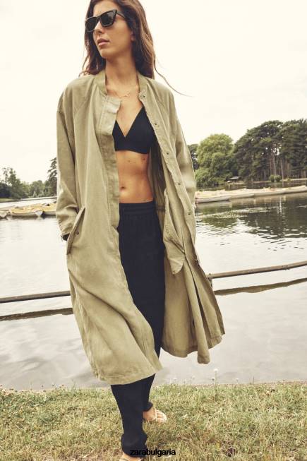 Zara облекло 66FT77 Жени дълго ленено палто каки