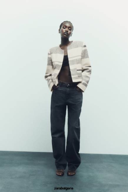 Zara облекло 66FT78 Жени раиран текстуриран сако екрю/черно