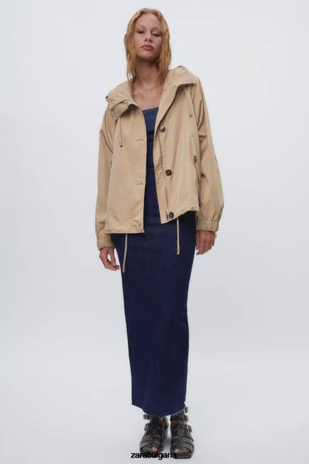 Zara облекло 66FT79 Жени къса парка с копчета кафяво/сива