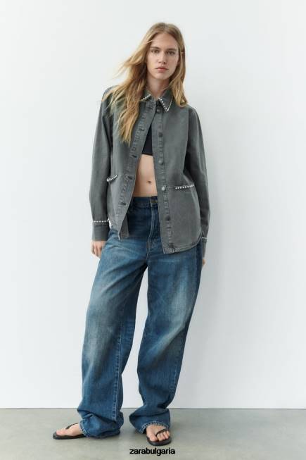 Zara облекло 66FT82 Жени огромна тениска с кристали сиво