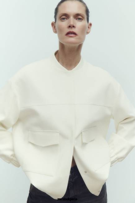 Zara облекло 66FT89 Жени дълго бомбър яке с джобове бяла стрида
