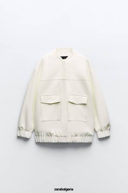 Zara облекло 66FT89 Жени дълго бомбър яке с джобове бяла стрида
