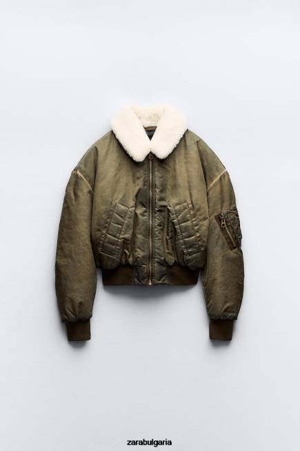 Zara облекло 66FT9 Жени найлонов бомбардировач с ефект на бедствие каки