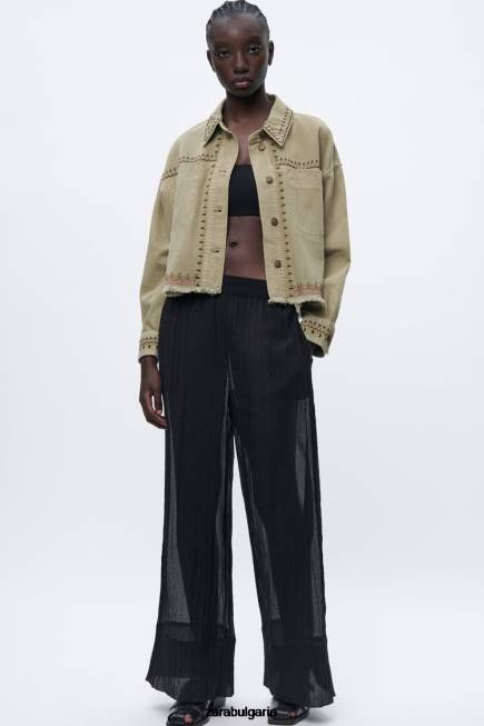 Zara облекло 66FT90 Жени бродирана тениска каки