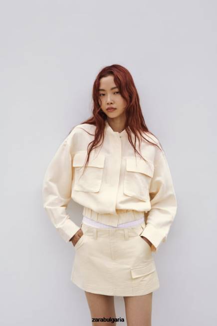 Zara облекло 66FT95 Жени бомбър яке от ленена смес светло бежово