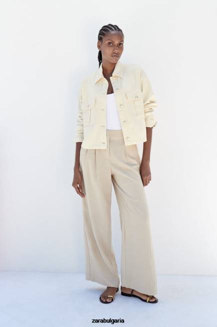 Zara облекло 66FT98 Жени памучна тениска със златни копчета екрю