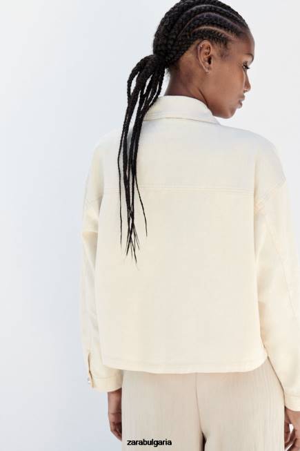 Zara облекло 66FT98 Жени памучна тениска със златни копчета екрю