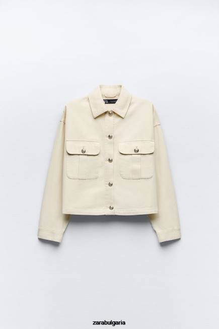 Zara облекло 66FT98 Жени памучна тениска със златни копчета екрю