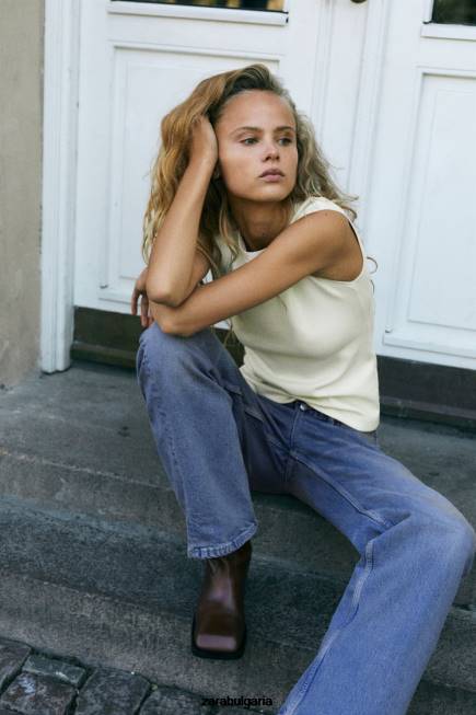 Zara облекло 66FT251 Жени вталена оребрена горна част екрю