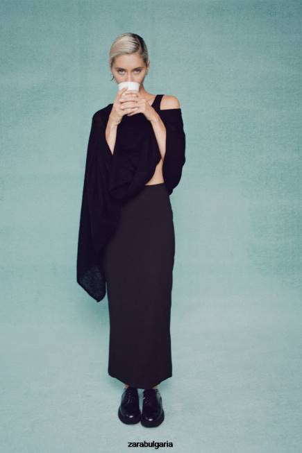 Zara облекло 66FT256 Жени горна част от плетена пелерина от вълнена смес черен