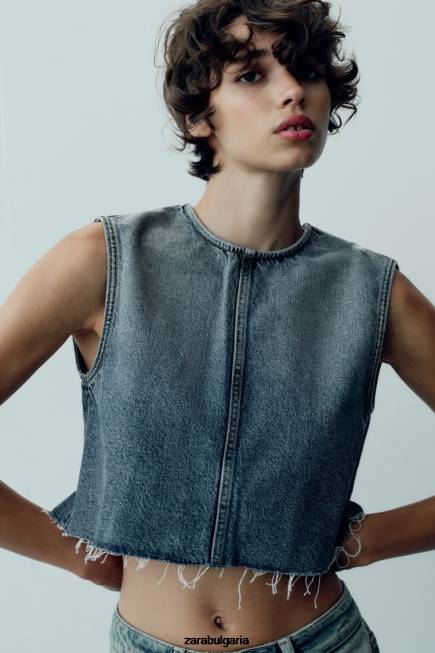 Zara облекло 66FT259 Жени trf деним изрязан топ син