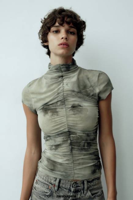 Zara облекло 66FT260 Жени горна част от щампован тюл зеленина