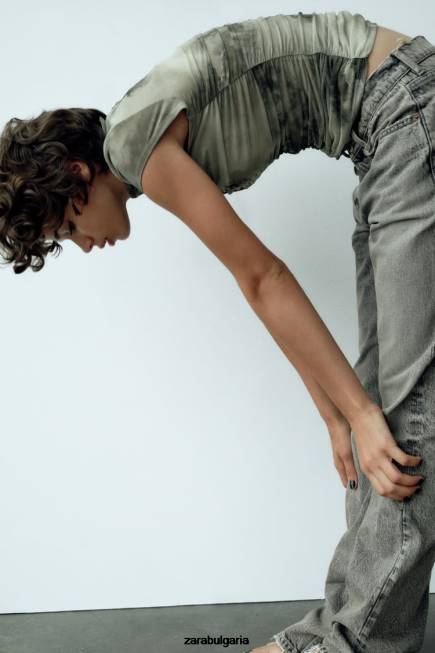 Zara облекло 66FT260 Жени горна част от щампован тюл зеленина