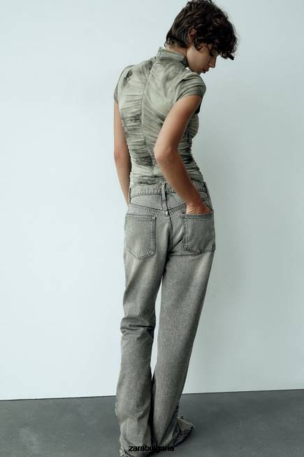 Zara облекло 66FT260 Жени горна част от щампован тюл зеленина