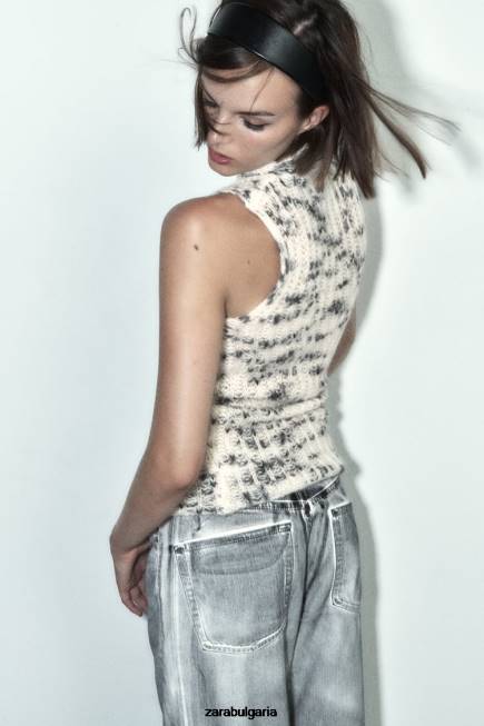 Zara облекло 66FT261 Жени топ от смесено плетиво с парагади само един