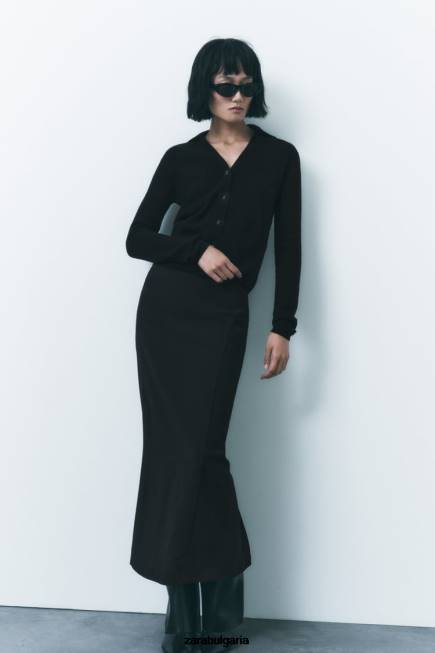 Zara облекло 66FT268 Жени 100% вълнен плетен поло пуловер черен